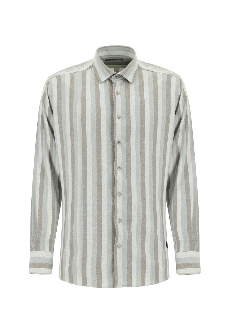Jasnoszary longsleeve z pionowymi beżowymi paskami, z zapięciem na guziki, kołnierzykiem i kontrastującymi mankietami. Miękka tkanina o gładkiej fakturze.
