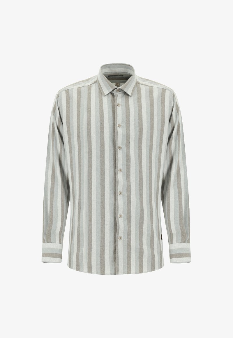 Jasnoszary longsleeve z pionowymi beżowymi paskami, z zapięciem na guziki, kołnierzykiem i kontrastującymi mankietami. Miękka tkanina o gładkiej fakturze.
