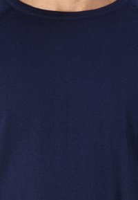 Pull tricoté bleu marine avec un col rond. Tissu doux de poids moyen avec une texture lisse et un design minimaliste.