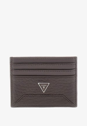 Dunkelgrauer Leder-Kartenhalter mit sechs Kartenfächern, strukturiertem Oberflächen und einem metallischen, dreieckigen Logo-Detail in der Mitte.