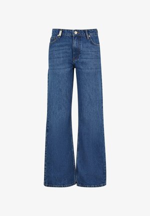 Wide-leg blue denim jeans with a high waist. Features five pockets and a button closure, showcasing a faded texture and clean design.