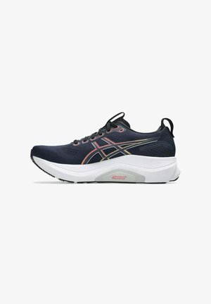 Chaussure de sport marine avec un upper texturé, des accents rose et or, et une semelle intermédiaire blanche épaisse comportant le détail "Système de Guidage 4D".