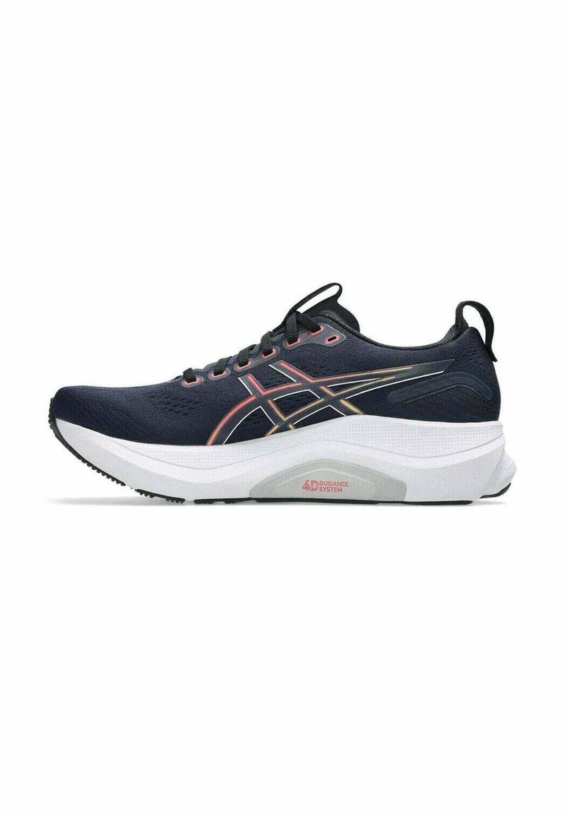 Marine blauwe sport schoen met een gestructureerde bovenkant, roze en gouden accenten, en een dikke witte tussenzool met het detail van het "4D Guidance System".