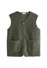 Gray-green sleeveless vest made of felt material, featuring a zip closure, two front pockets, and a v-neck design with contrasting trim.
