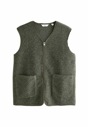 Gray-green sleeveless vest made of felt material, featuring a zip closure, two front pockets, and a v-neck design with contrasting trim.