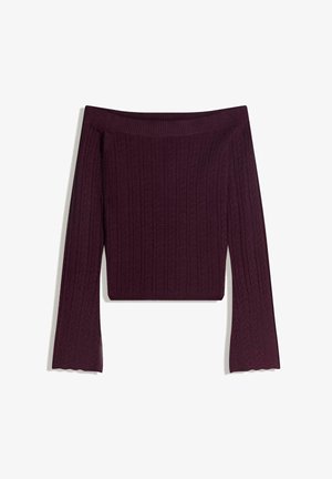 Bordeaux off-shoulder ribbel gebreide top met lange uitlopende mouwen en gegolfde zoom, met textuur verticale lijnen.