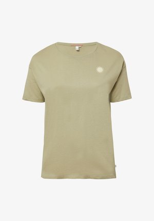 T-shirt vert clair en tissu doux, avec un col rond et des manches courtes, présentant un graphique de soleil imprimé sur la poitrine.