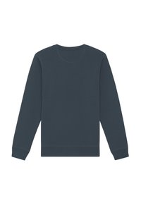 Donkerblauwe sweatshirt gemaakt van zachte stof, met een ronde hals, lange mouwen en geribbelde manchetten en onderrand. Geen patronen of accenten zichtbaar.