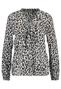 Vit blus med ett leopardmönster i svart och brunt. Har en V-ringning och en knytdetalj fram. Långa ärmar.