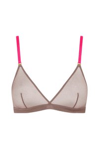 Bralette triangulaire en tulle brun avec des bretelles ajustables roses et de la quincaillerie dorée. Conçu avec une finition lisse et sans rembourrage.