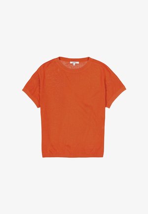 T-shirt orange à manches courtes en tissu léger, doté d'un col rond et d'une coupe décontractée. Aucun motif ni accent visible.