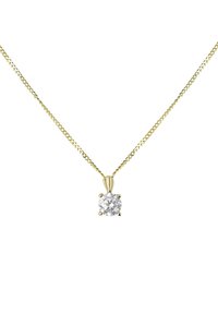 Collier en chaîne en or avec un pendentif en diamant rond à six griffes, design simple, texture lisse et finition polie.