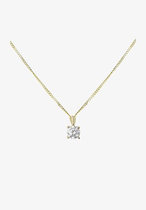 Gouden ketting met een ronde diamanten hanger met zes klauwen, eenvoudig ontwerp, gladde textuur en een gepolijste afwerking.