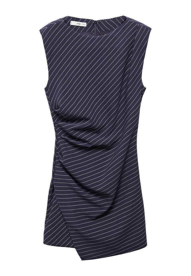Marineblaue ärmellose Bluse mit weißen vertikalen Streifen, Drapierung auf der Vorderseite und rundem Ausschnitt, aus glattem Stoff gefertigt.