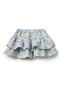 Falda con estampado floral en tonos azules, amarillos y verdes. Presenta un diseño con volantes y una cinturilla elástica. Tejido ligero.