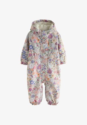 Mono de nieve impermeable para niños con estampado floral, con capucha, puños elásticos y cremallera frontal en colores pastel rosa, púrpura y verde.