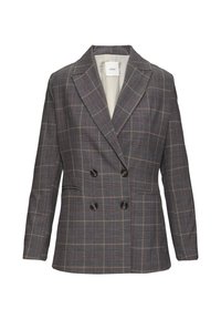 Grijze geruite dubbelzijdige blazer met een gelapte revers, voorzien van zwarte knopen en een soepele binnenvoering. Accenten in rood en beige.