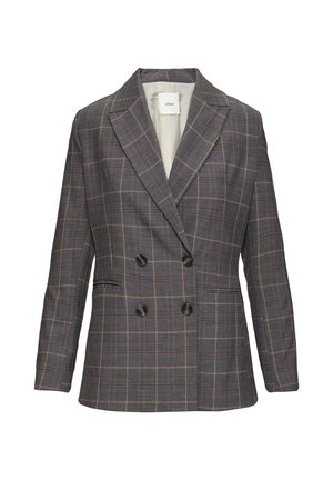 Blazer doppiopetto grigio a quadri con rever a punta, dotato di bottoni neri e una fodera interna liscia. Accenti in rosso e beige.
