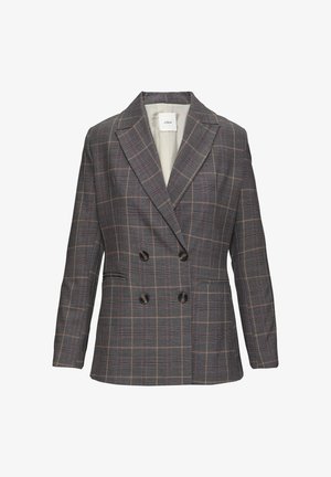 Sivi karirani dvostruki sako s izrezanim reverom, s crnim gumbima i glatkom unutarnjom podstavom. Akcenti u crvenoj i bež boji.