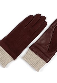 Burgunderfargede skinnhansker med ribbet beige strikkede mansjetter. Funksjoner inkluderer et strømlinjeformet design og subtil søm langs fingrene.