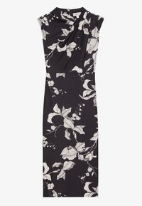 Rochie neagră ajustată cu un model floral alb, guler înalt și mâneci scurte. Țesătură moale și netedă, cu detalii drapate la bust.