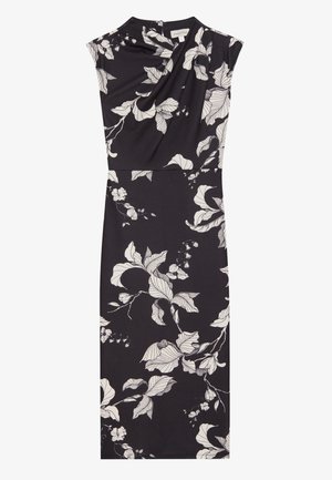 Robe noire cintrée avec motif floral blanc, encolure haute et manches courtes. Tissu doux et lisse avec des détails drapés au niveau du buste.