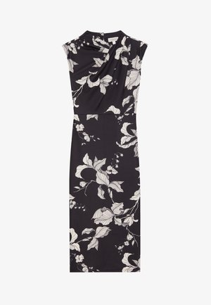 Vestito nero aderente con motivo floreale bianco, scollatura alta e maniche a cappuccio. Tessuto morbido e liscio con dettagli drappeggiati sul corpetto.