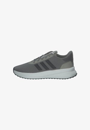 Zapatilla de running Adidas gris con rayas negras, suela acolchada blanca y parte superior de malla, mostrada de perfil hacia la izquierda.