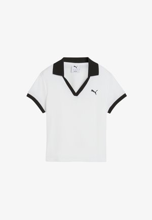 Fehér, rövid ujjú póló fekete gallérral és ujjvégével, bal mellkasán kis fekete Puma logóval.