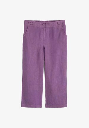 Lila Leinenhose mit lockerer Passform, weit geschnitten, zwei Fronttaschen und zwei Knopfakzenten am Bund.