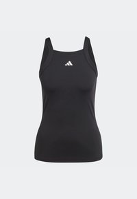Schwarzes Sporttanktop mit taillierter Passform, aus glattem Material gefertigt. Verfügt über breite Träger und ein kleines weißes Logo auf der Vorderseite.