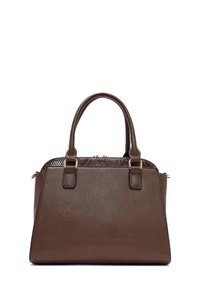 Borsa a mano in pelle marrone con texture, manici doppi, hardware dorato e un accento con motivo di pelle di serpente nella parte superiore. Forma rettangolare compatta.