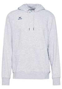 Hellgraue Hoodie aus weichem Stoff. Enthält eine große Kängurutasche vorne, Zugbänder an der Kapuze und ein kleines Logo auf der Brust.