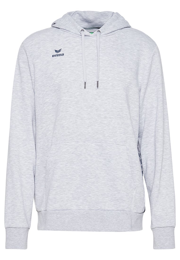 Hellgraue Hoodie aus weichem Stoff. Enthält eine große Kängurutasche vorne, Zugbänder an der Kapuze und ein kleines Logo auf der Brust.
