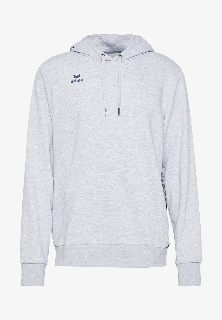 Felpa grigia chiara realizzata in tessuto morbido. Presenta una tasca a marsupio sul davanti, cordini sul cappuccio e un piccolo logo sul petto.