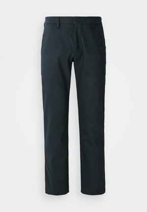 Black, straight-leg trousers made from smooth fabric; features belt loops and a flat front design. Side pockets included.