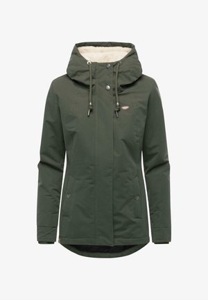 Veste à capuche pour femmes de couleur vert foncé avec cordons de serrage, fermeture à boutons-pression, poches frontales et col doublé en polaire.