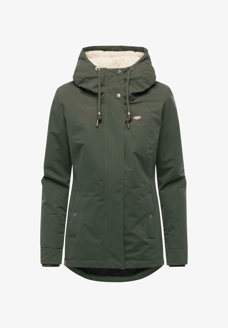 Veste à capuche pour femmes de couleur vert foncé avec cordons de serrage, fermeture à boutons-pression, poches frontales et col doublé en polaire.