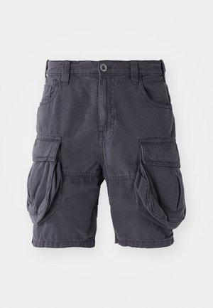 Cargo shorts made of dark gray cotton, featuring a classic fit, multiple side pockets, and a front button closure. Smooth texture.