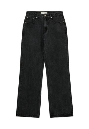 Zwarte denim wijde jeans met een hoge taille, subtiele vervaging, vijf zakken en zilverkleurige hardware. Soepele textuur en schone naden.