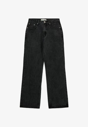 Mustadest denimist laiad säärised kõrge vöökoha, õrn fade efekt, viie tasku kujundus ja hõbedased detailid. Sile tekstuur ja puhtad õmblused.