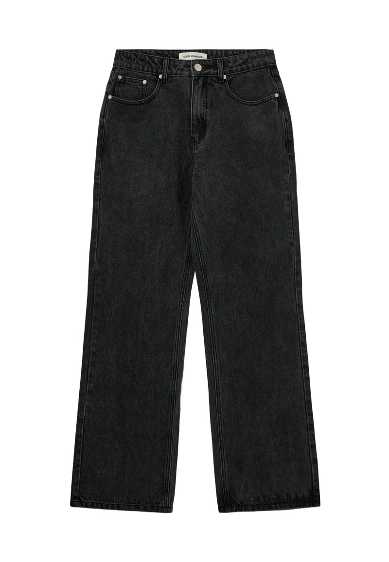 Crne široke traperice s visokim strukom, suptilnim izblijedjenjem, dizajnom s pet džepova i srebrnim hardverom. Glatka tekstura i čisti šavovi.