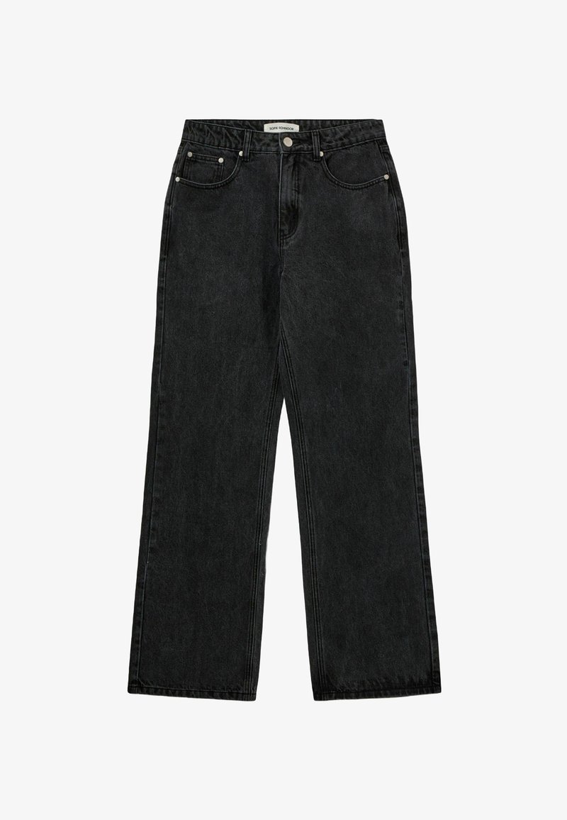 Crne široke traperice s visokim strukom, suptilnim izblijedjenjem, dizajnom s pet džepova i srebrnim hardverom. Glatka tekstura i čisti šavovi.