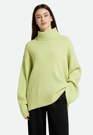 Pulover turtleneck ribbed de culoare verde deschis, cu croială oversized și umeri lăsați, asortat cu pantaloni negri cu croială largă. Material tricotat texturat.