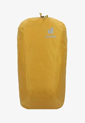 Borsa da viaggio in tessuto giallo con una forma arrotondata, dotata di chiusura a coulisse e del logo "deuter" in grigio sul fronte.