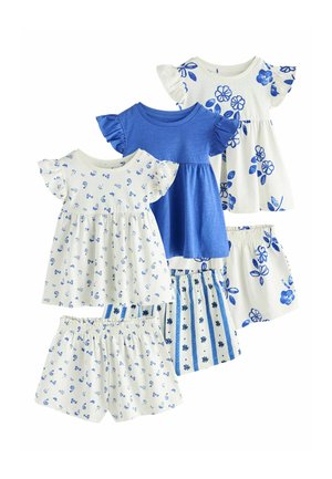 Five-piece toddler clothing set with blue, white floral-patterned dresses and matching shorts, featuring ruffled short sleeves and elastic waistbands.