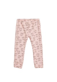 Rosa Baumwollleggings mit einem durchgehenden bedruckten Muster aus braunen Cartoon-Katzen. Der Bund ist elastisch und der Stoff ist glatt.
