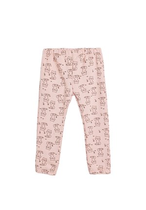 Rosa Baumwollleggings mit einem durchgehenden bedruckten Muster aus braunen Cartoon-Katzen. Der Bund ist elastisch und der Stoff ist glatt.