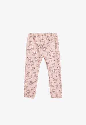 Rosa Baumwollleggings mit einem durchgehenden bedruckten Muster aus braunen Cartoon-Katzen. Der Bund ist elastisch und der Stoff ist glatt.