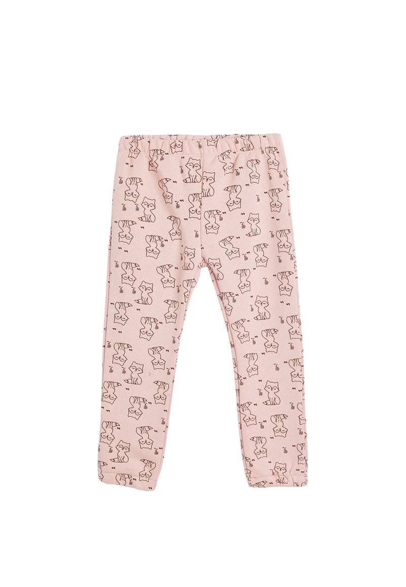 Rosa Baumwollleggings mit einem durchgehenden bedruckten Muster aus braunen Cartoon-Katzen. Der Bund ist elastisch und der Stoff ist glatt.